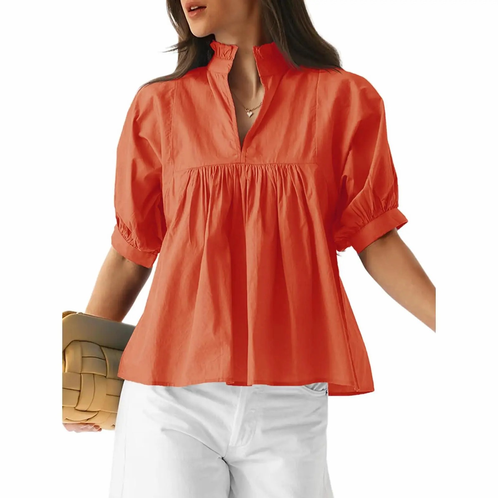 Women's V Neck Puff Sleeve Blouse – Babydoll Peplum Loose Fit Top