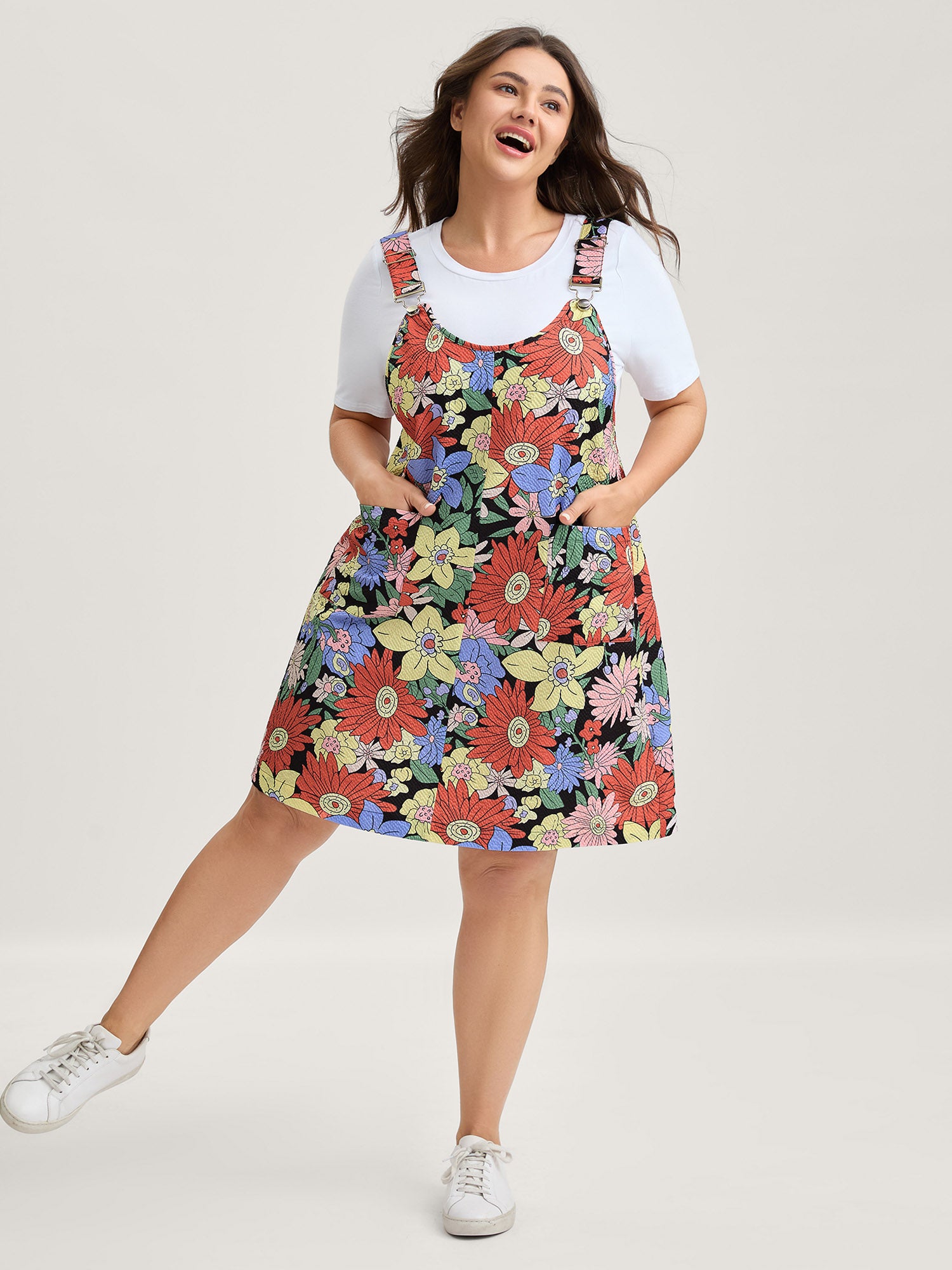 Floral Print Textured Overall Straps Dress