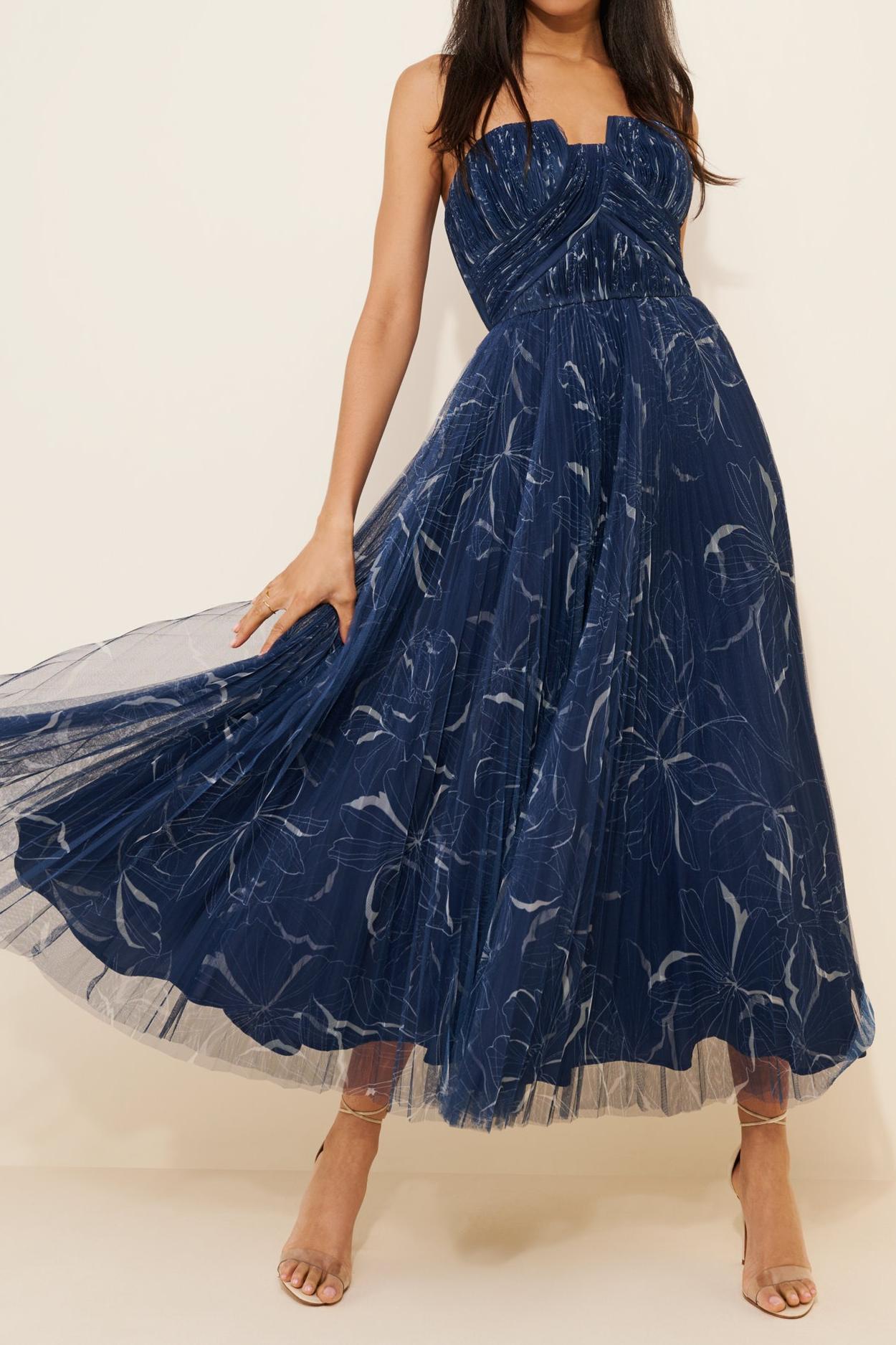 Pleated Strapless A-Line Maxi Dress