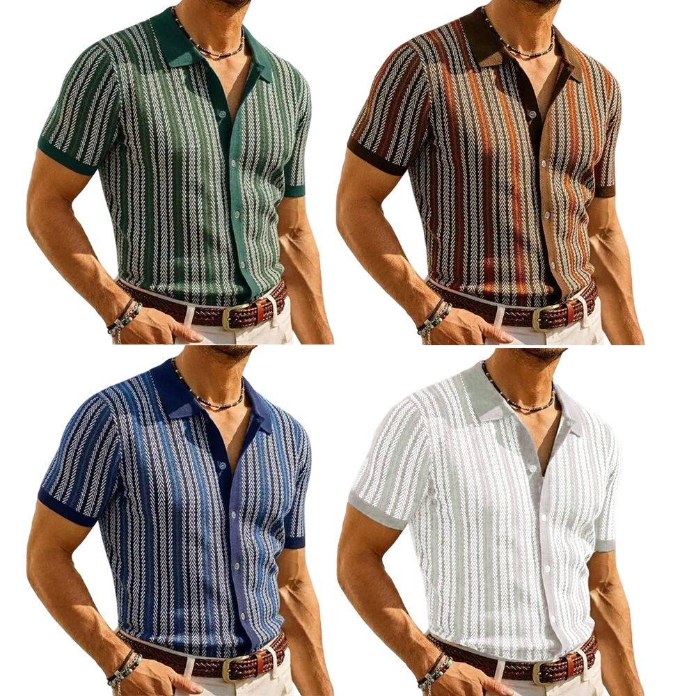Mens Knit Polo Shirts Vintage Casual Short Sleeve Shirt Golf Button Down Pinstripe Old Money Top