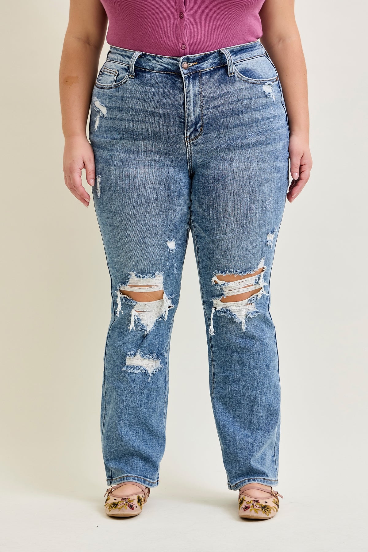Daisy Stone Wash Ripped Bootcut Jeans - PLUS