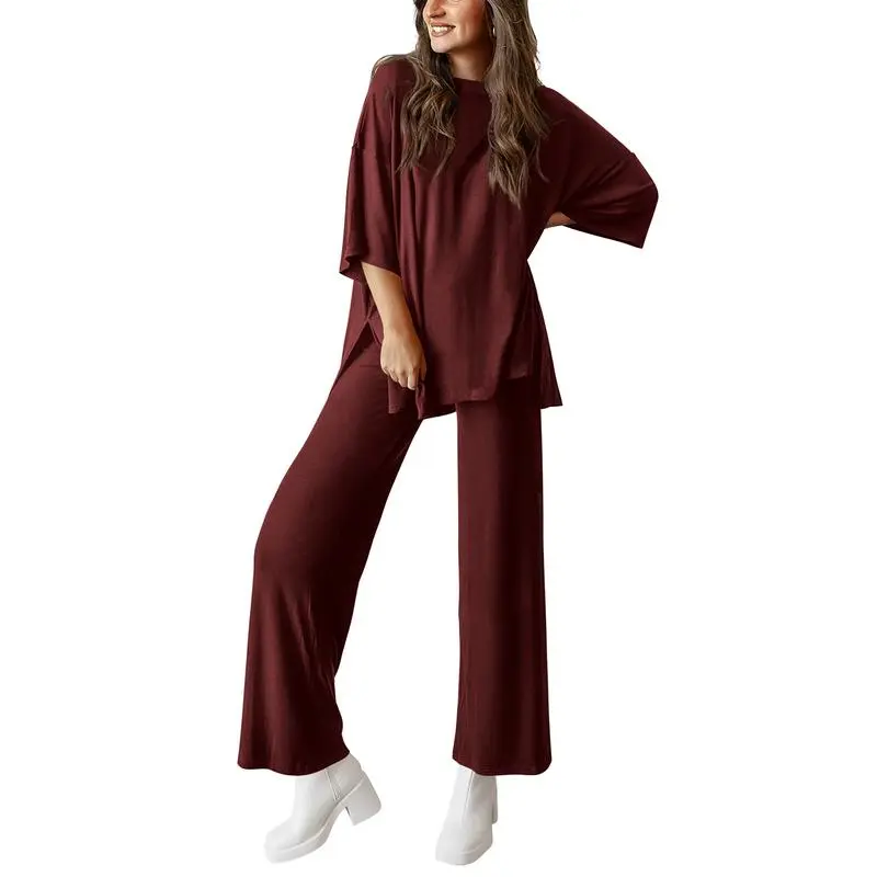 Women's 2-Piece Outfits Short Sleeve Pullover Tops Split Hem Wide Leg Pants Lounge Sets
