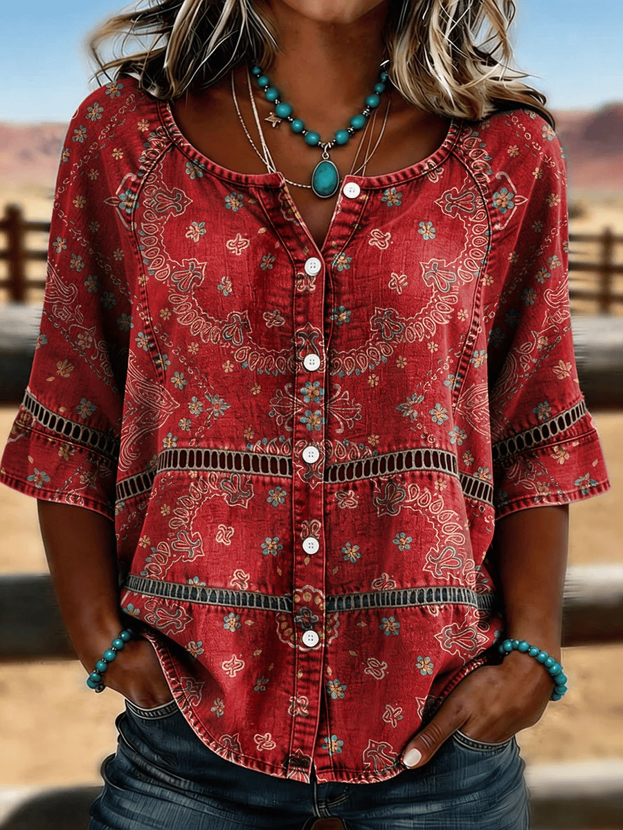 Women's Casual Western Floral Print Cotton Linen Hollow-Out Top
