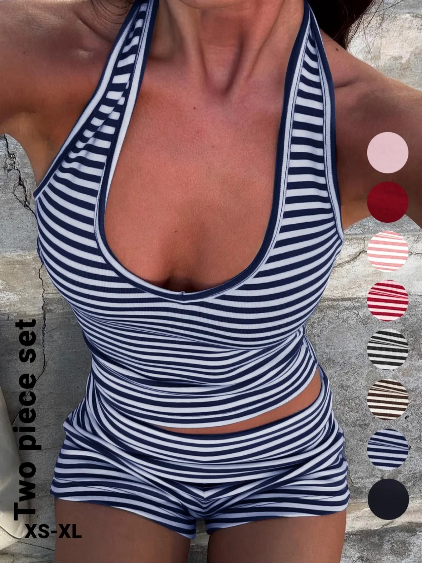 Women's Casual Striped Halter Neck Crop Top & Shorts Set, Summer Fitted Two-Piece, Regular Length, Moderate Fabric Thickness, Womenswear