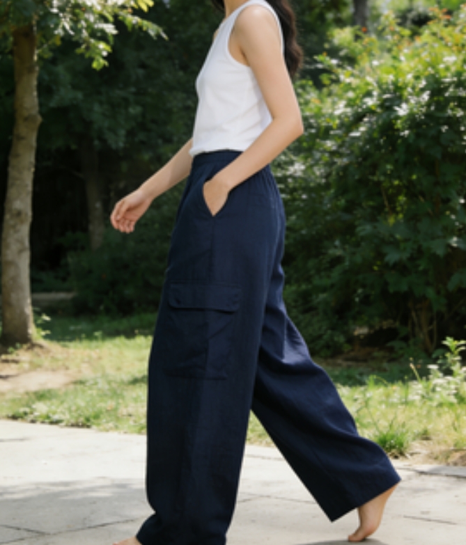 Relaxed-Fit Navy Cotton-Linen Wide-Leg Trousers with Pockets