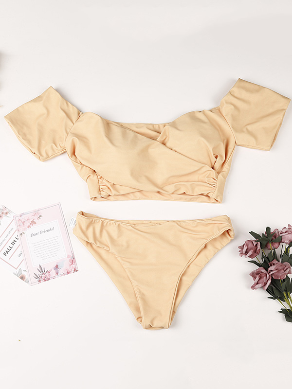 Solid Color Short Sleeves Off-The-Shoulder Bikini Swimsuit
