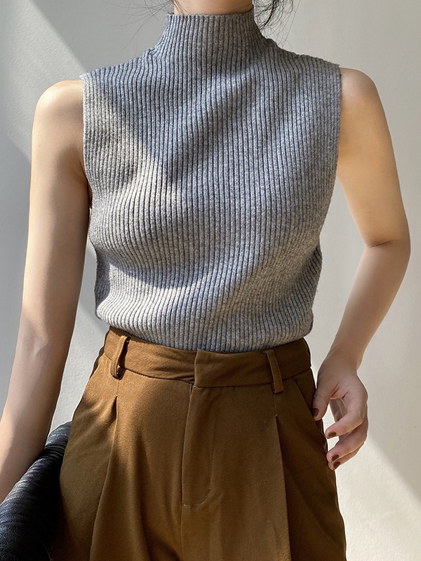Solid Color Skinny Sleeveless High-Neck Vest Top Knitwear