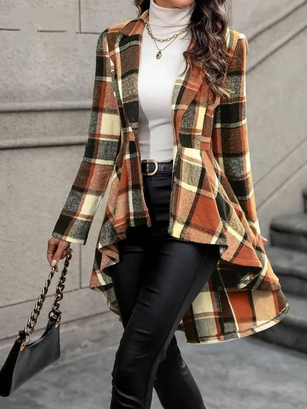 Women's Plaid Print Button High Low Hem Jacket