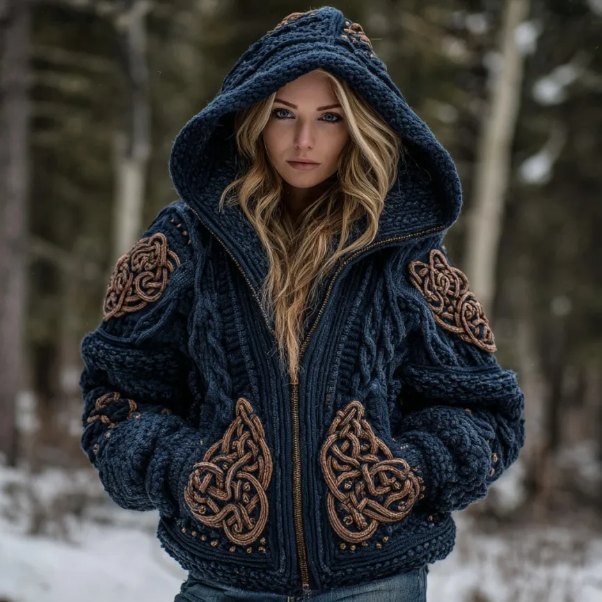 Women's Viking Celtic Knot Cozy Warm Knit Full Zip Hooded Sweater