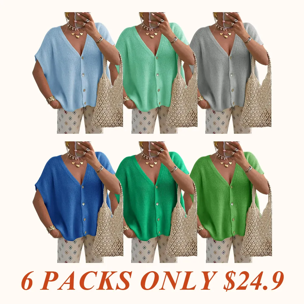 Womens Fall Oversized Cardigans Batwing Short Sleeve Lightweight Button V Neck Casual Knit Sweater Tops