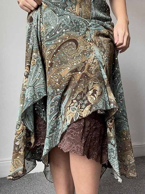 Printed Low Waist Irregular Skirt In Green