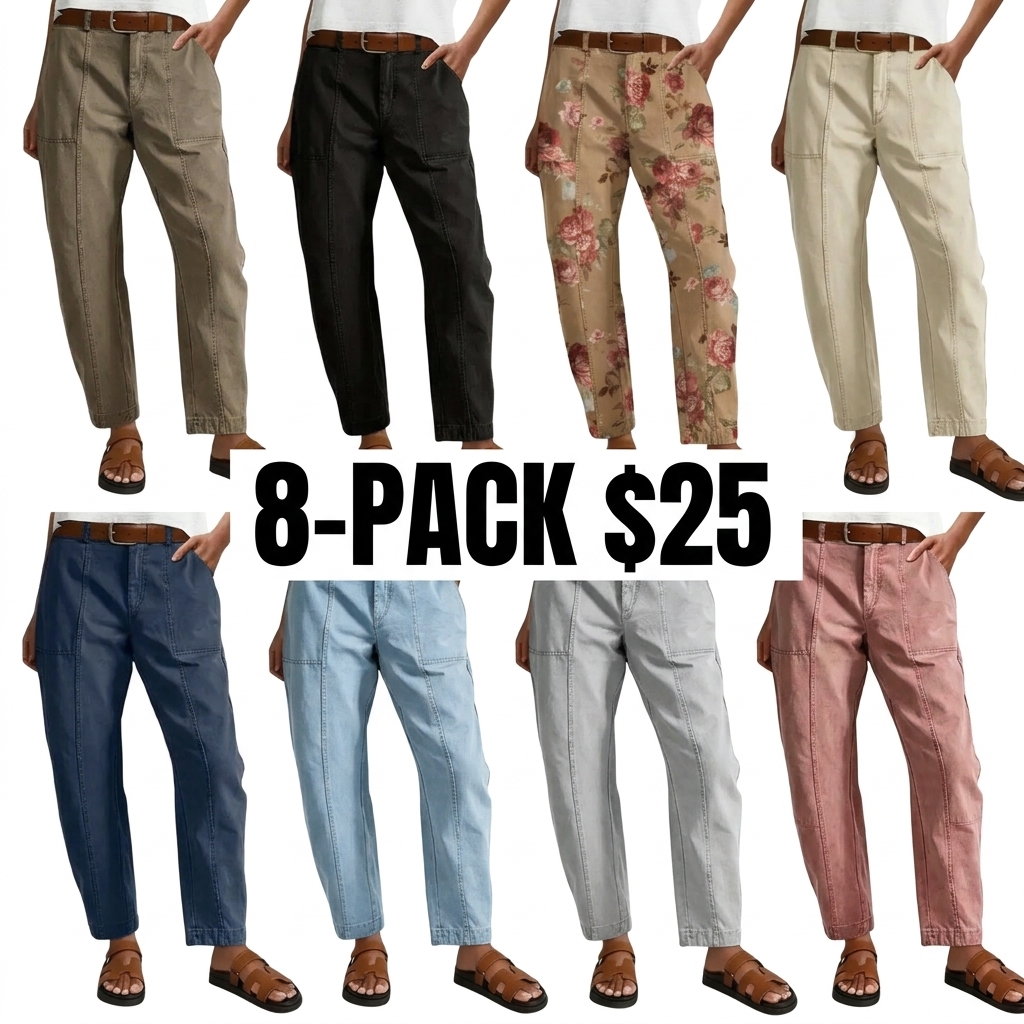 Women's Mid Waist Baby Barrel Fit Pants – Deep Pockets, High Stretch Casual Crop