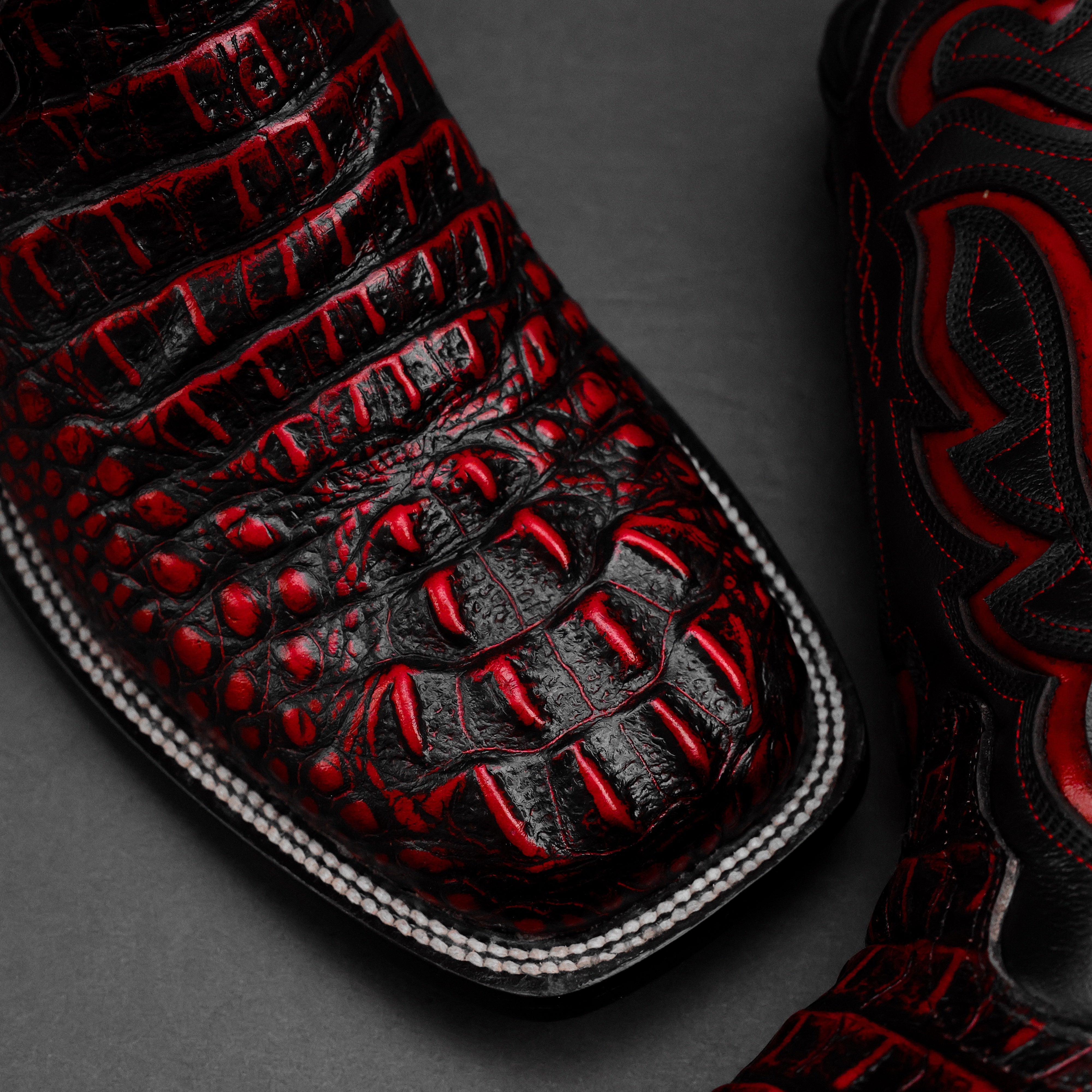 Black/Red Caiman Neck Leather Boots - Square Toe