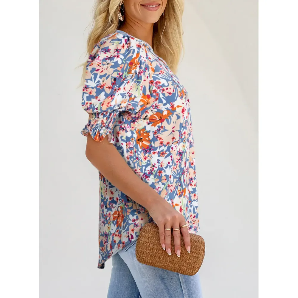 Womens Graphic Solid V Neck T Shirts Tops Casual Ruffle Short Sleeve Blouses Boho Floral