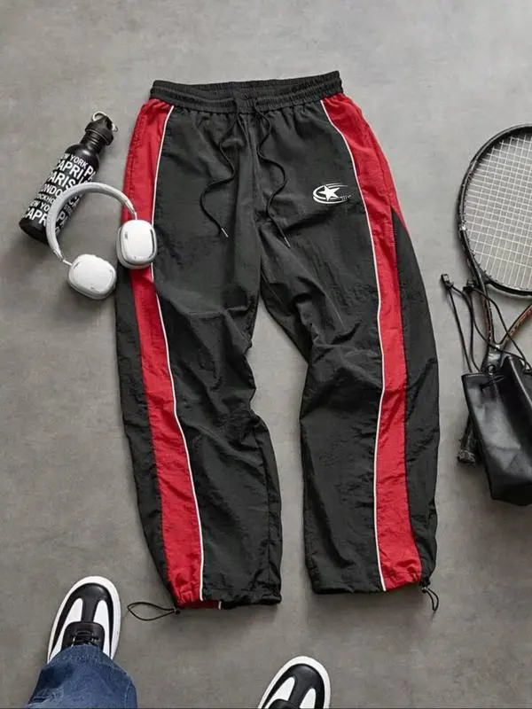 Men's Casual Sporty Long Pants, Loose Fit Drawstring Cuff