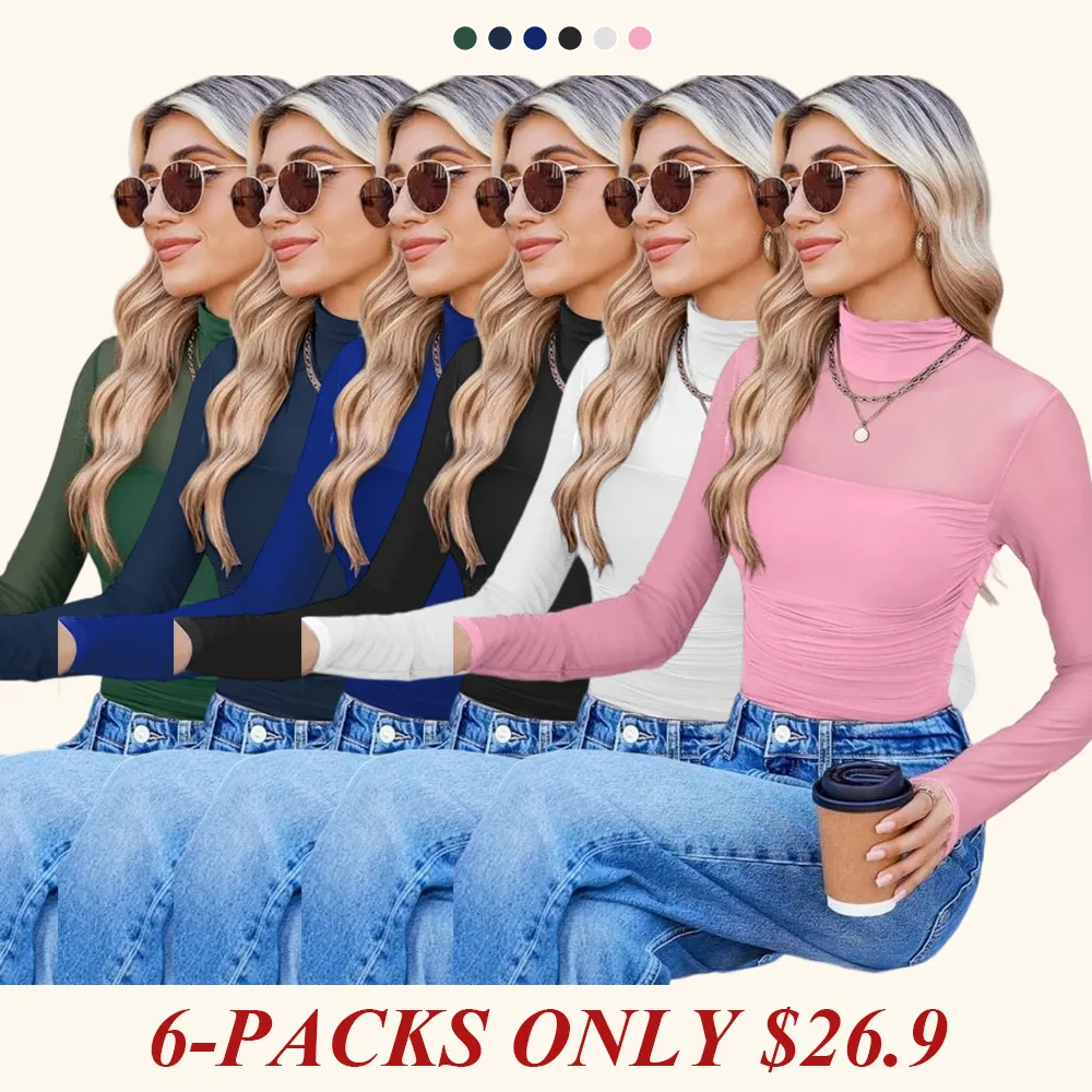 Women's Plain Round Neck Sheer Mesh Patchwork Long Sleeve Sexy Top