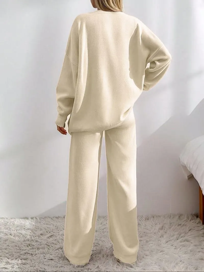 Women's Solid Button Front Drop Shoulder V Neck Cardigan & Elastic Waist Wide Leg Pants Two-piece Set, Matching Clothing Set