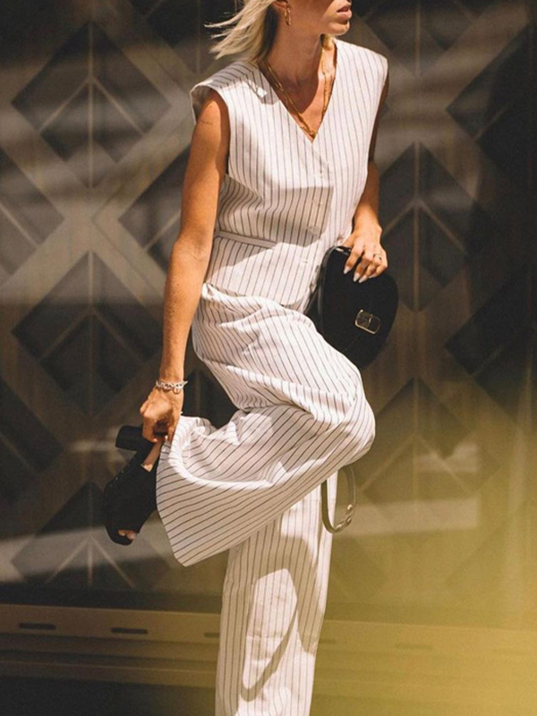 Striped Loose Sleeveless Buttoned V-Neck Vest Top + Pockets Pants Bottom Two Pieces Set