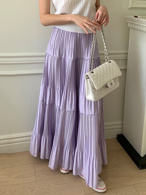 Pleated Solid Color Split-Joint A-Line High Waisted Skirts Bottoms