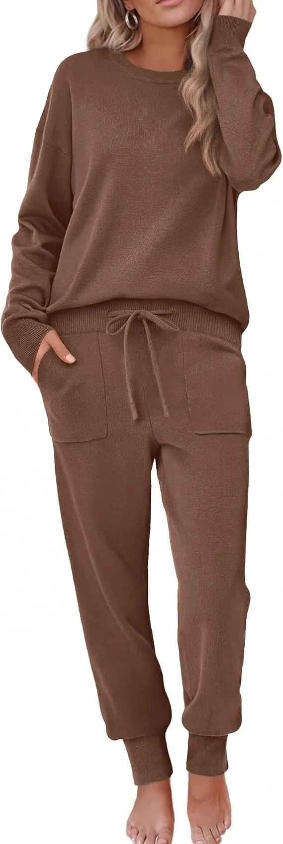 Women's Long Sleeve Knit Loungewear Set Jogger Pants Outfit