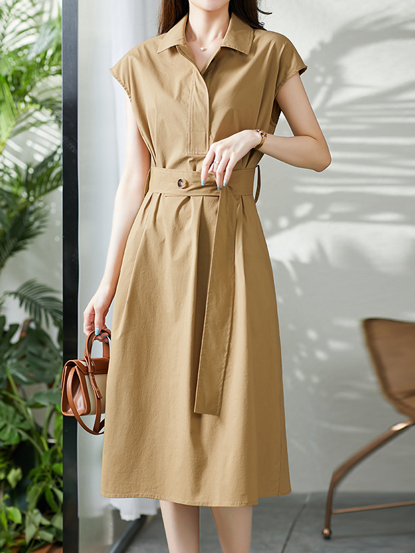 Bandage Solid Color Plus Size Short Sleeves Lapel Midi Dresses