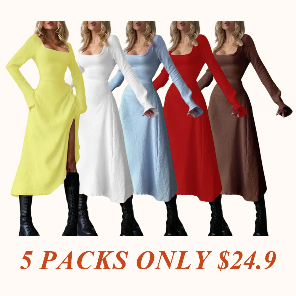 Women's Plain Lace Up Tie Back Flounce Sleeve Dress