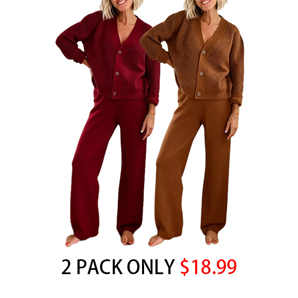 Last day discount- 50% OFF Solid Textured Knit Button Cardigan & Pants Set