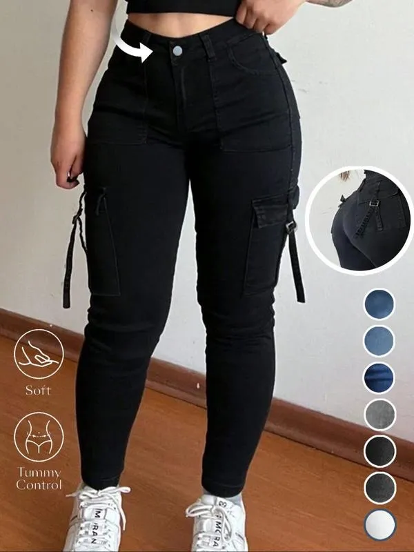 Women's Plain Multi-pocket Denim Cargo Pants