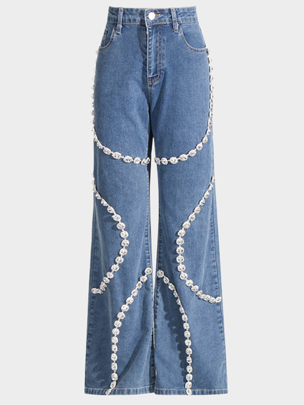 Pockets Split-Joint High Waisted Wide Leg Jean Pants Bottoms