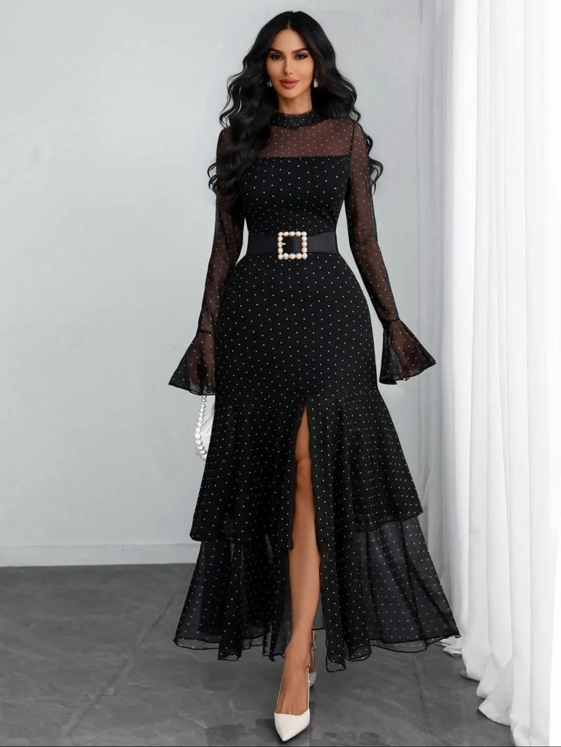 Women's Romantic Polka Dot Split Mesh Patchwork Layered Elegant Flared Skirt Dress