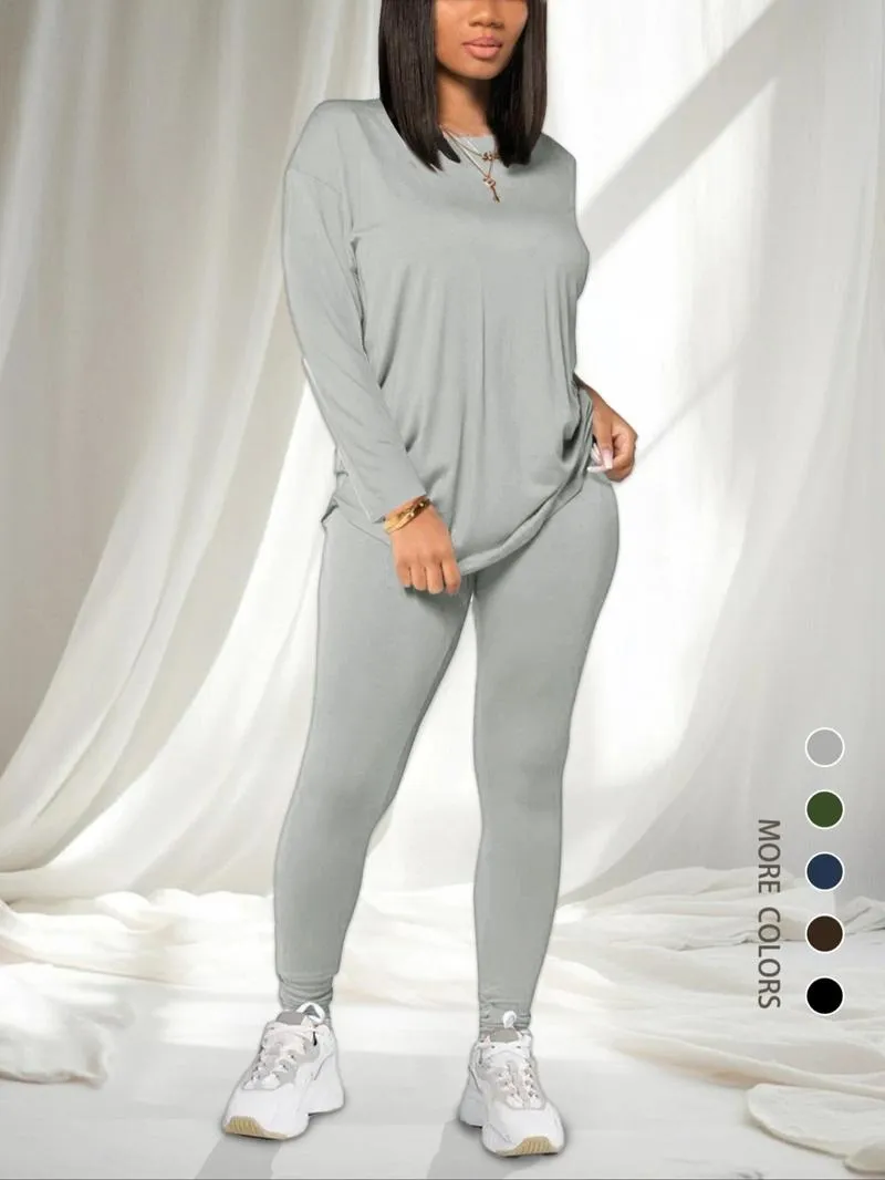 Women's Solid Drop Shoulder Tee & Elastic Waist Skinny Pants Two-piece Set