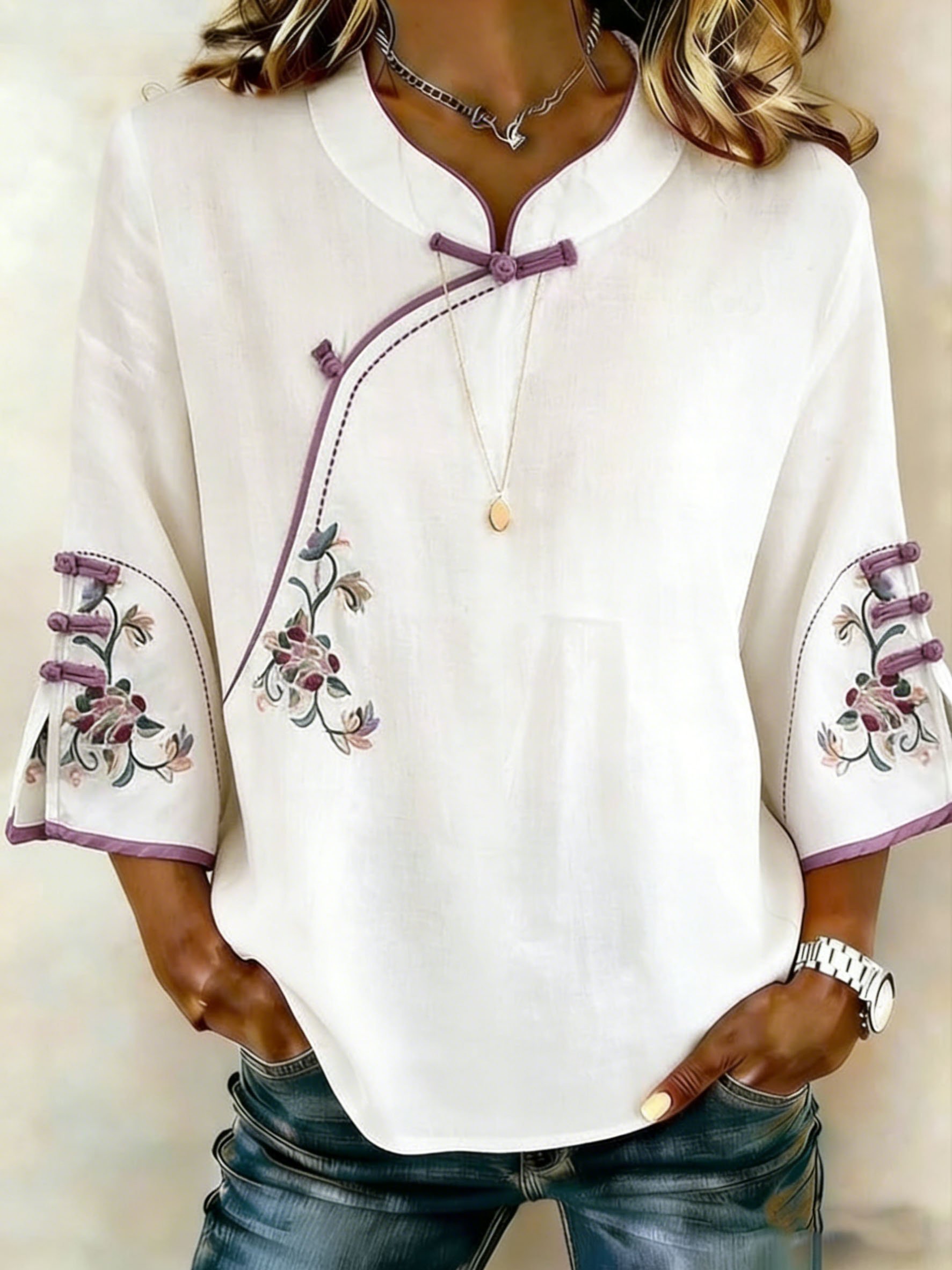 Women's Retro Floral Diagonal Placket Button Cotton Linen Three-Quarter Sleeve Shirt