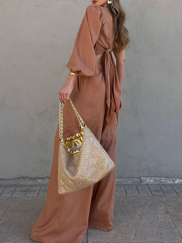 Solid Color One-Shoulder Long Sleeves Loose Asymmetric Elasticity Knot Pleated Shirts Top + Pants Bottom Two Pieces Set