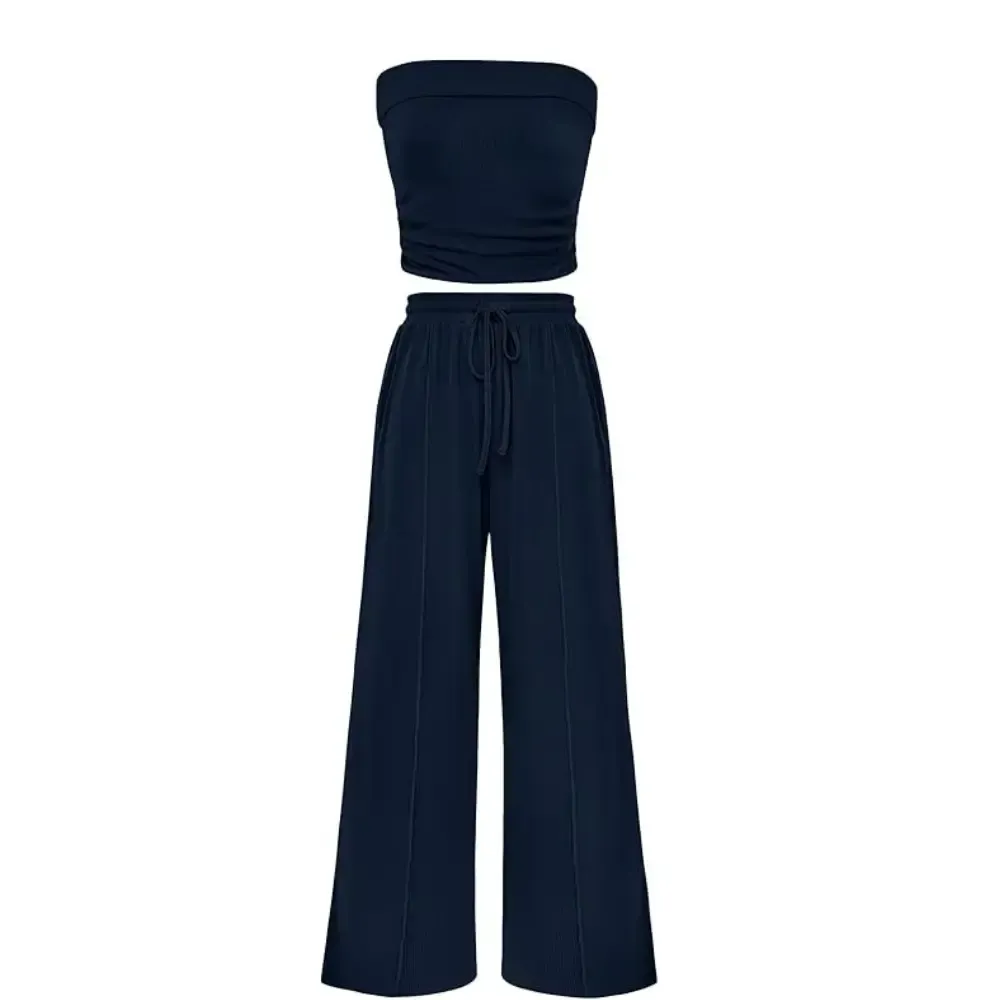 Womens Summer Outfits 2 Piece Sets Casual Ribbed Knit Crop Tube Top Wide Leg Pants