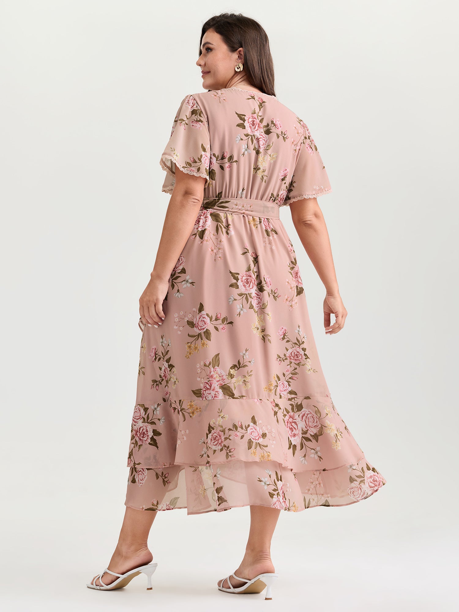 Soft Floral Print Lotus Leaf Hem Midi Dress