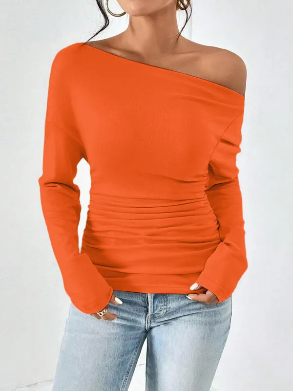 Women's Plain Ruched Asymmetrical Neck Drop Shoulder Tee