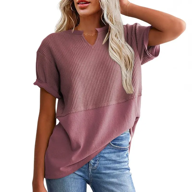 2026 Spring/Summer Cozy Oversized Waffle Knit V-Neck Top Women's Short Sleeve Pullover