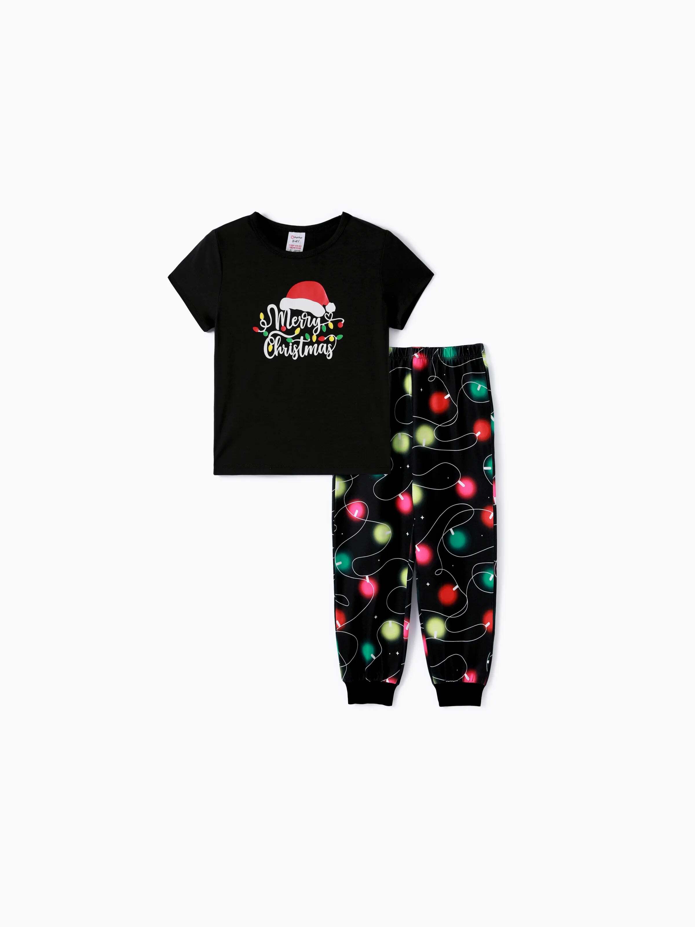 Christmas Family Matching Letters&Festive light bulb Print Short-sleeve Pajamas Sets Black
