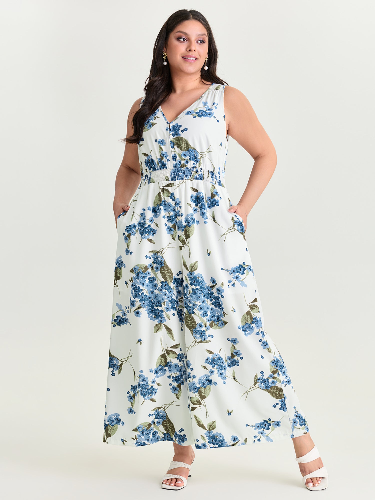 Large Floral Print Shirred Waist Jumpsuit