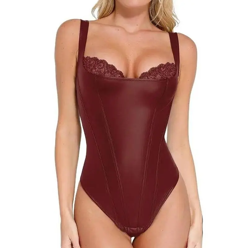 Leather Corset Top bodysuit Lace Trim Shapewear Tummy Control Bustier