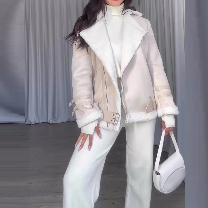 Leather jacket with faux lambskin for women