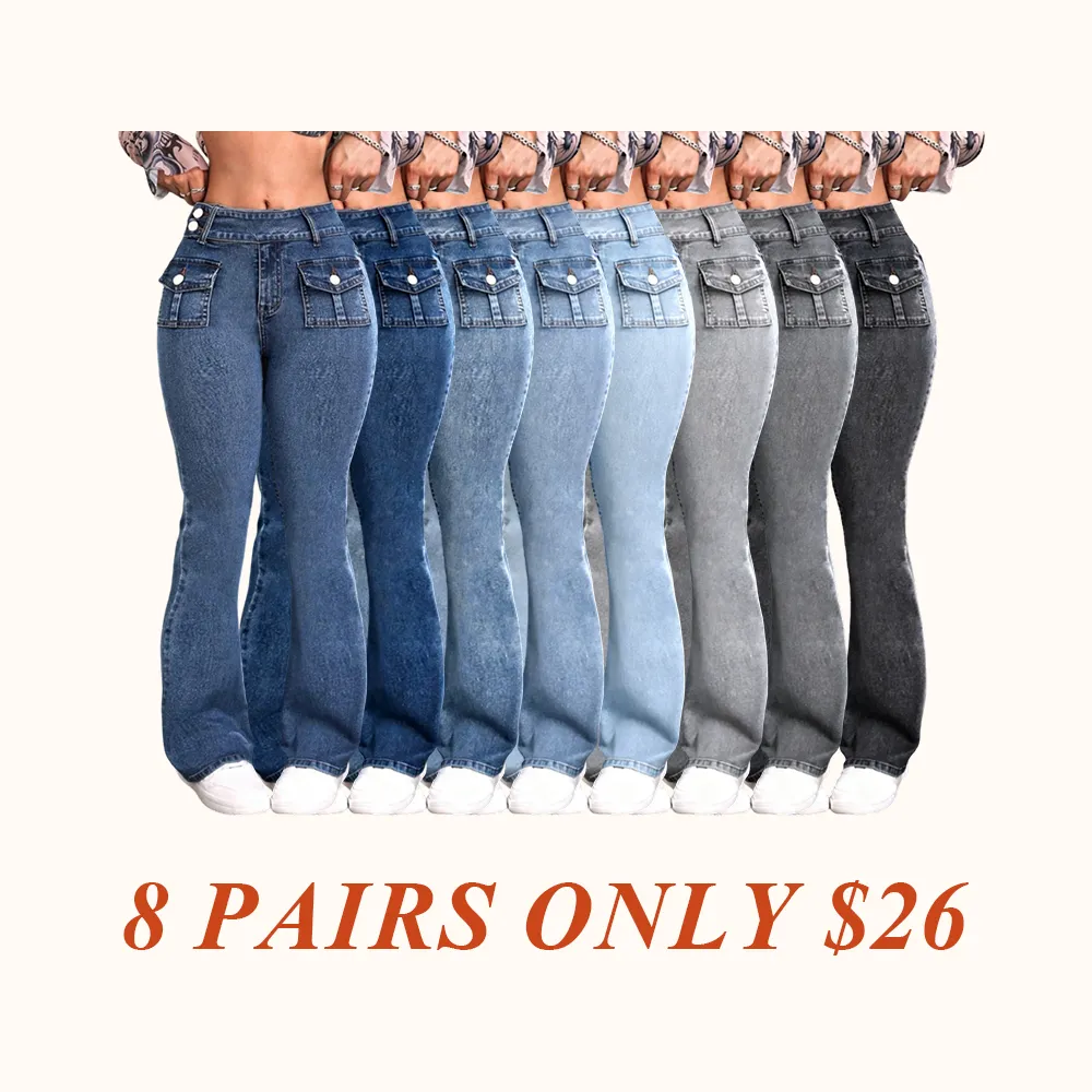 Women's Pocket Leg Stretchy Jeans, Flared High Waist Casual Comfy Bell Bottom Denim Trousers for Daily Wear, Ladies Bottoms for All Seasons