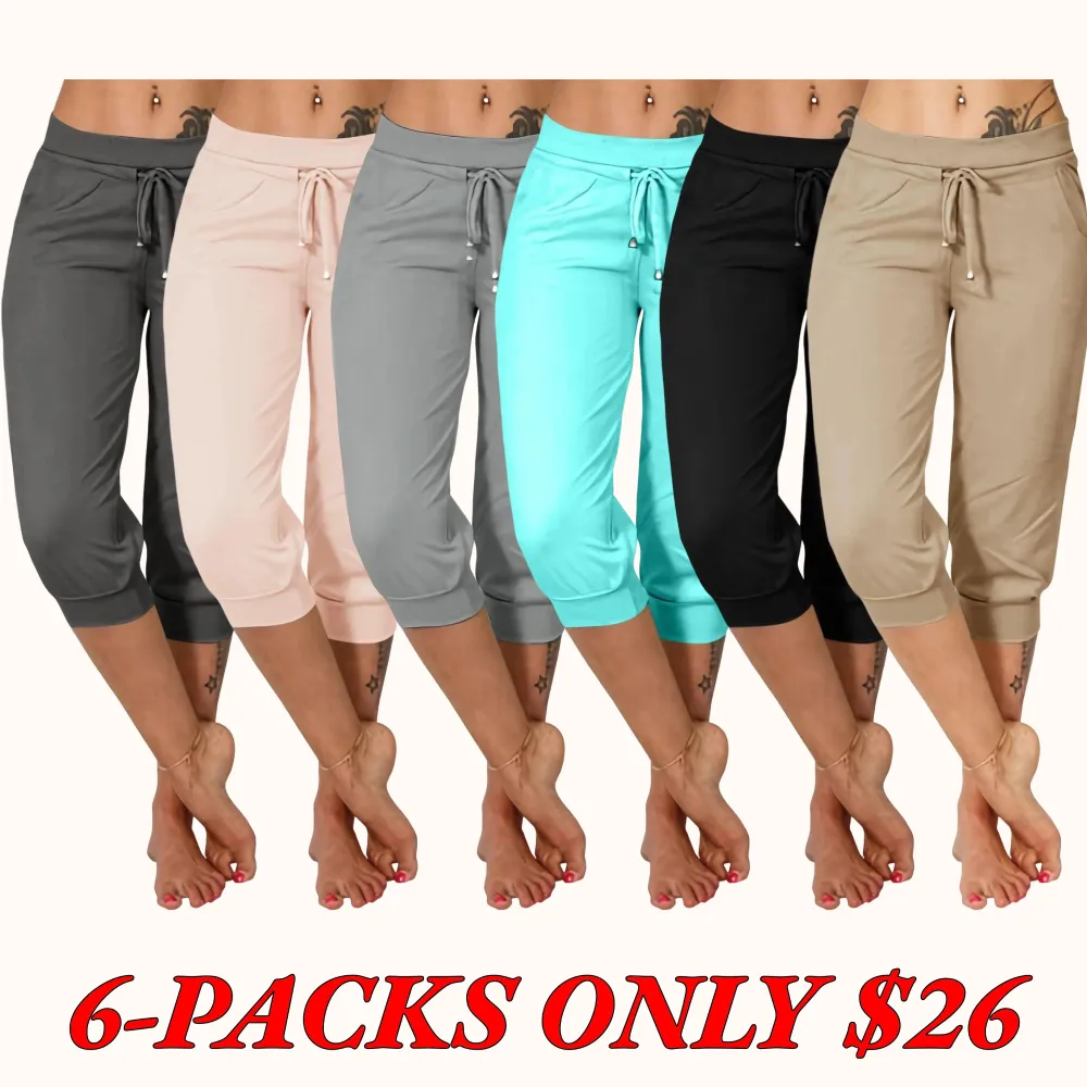 Women's Solid-Color Cropped Pants with Drawstring Waist — Casual Everyday Trousers with Pockets