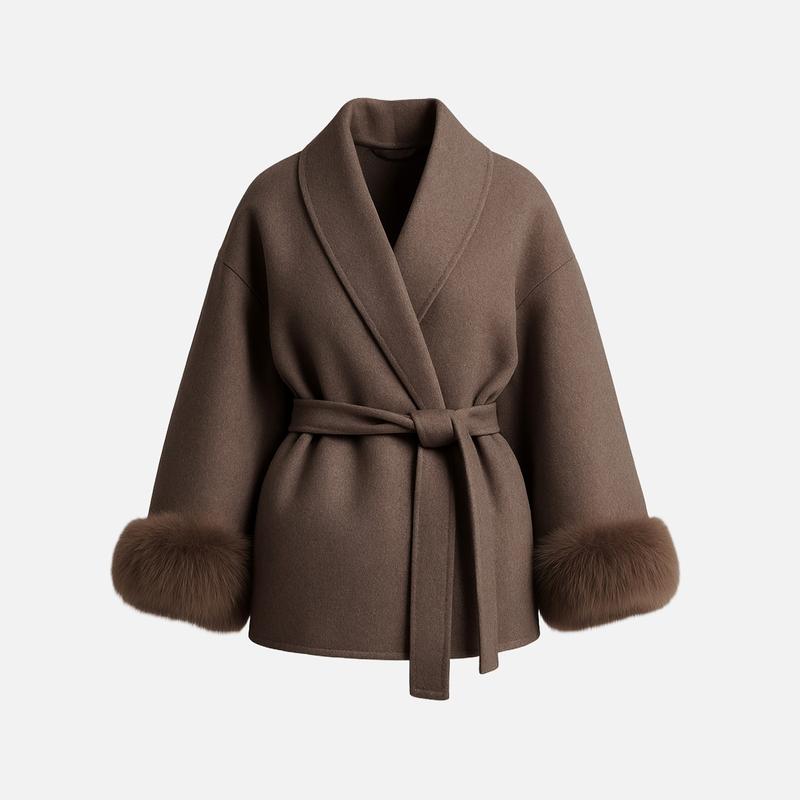 Women's Elegant Solid Color Waist Tie Fuzzy Cuff Wrap Coat, Premium Plush Long Sleeve Thermal Coat, Outerwear Jacket for Fall & Winter(CN/US)