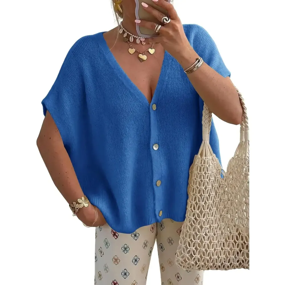 Womens Fall Oversized Cardigans Batwing Short Sleeve Lightweight Button V Neck Casual Knit Sweater Tops