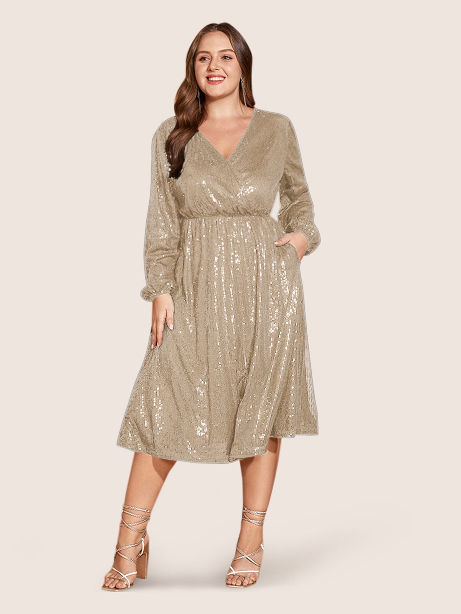 Solid Pocket Lantern Sleeve Wrap Sequin Dress