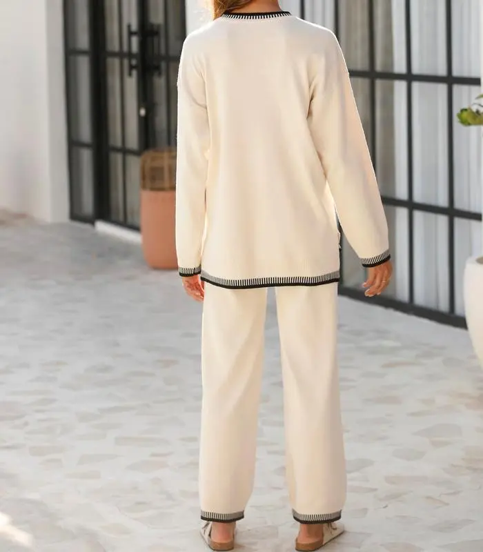 Chic Crew Neck Sweater & High Waist Loose Pants Casual Outfit