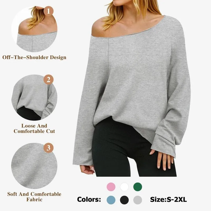 Womens Off the Shoulder Sweatshirts Wide Neckline Oversized Pullovers Long Sleeve