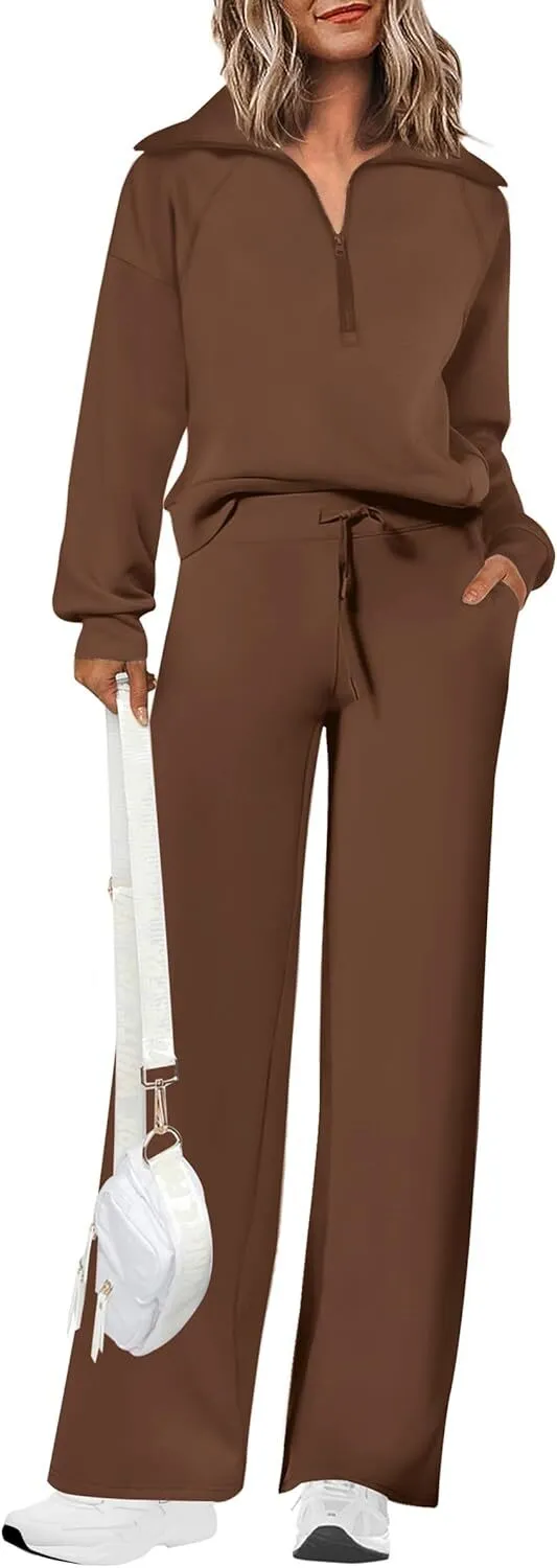 🔥Final Day Clearance!🛒Women's 2 Piece Outfits Casual Lapel Half Zip Sweatshirts And Wide Leg Pants Tracksuit Sets