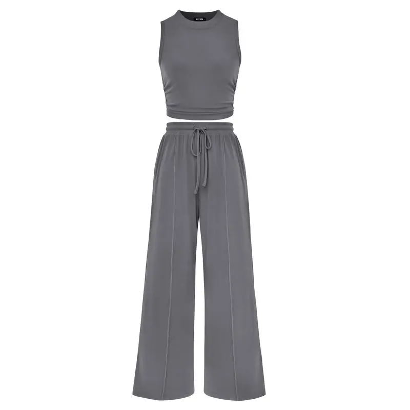 Women's Summer 2-Piece Outfits - Ribbed Knit Crew Neck Sleeveless Cropped Top & Wide Leg Pants Lounge Set